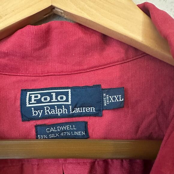 VTG POLO RALPH LAUREN Caldwell Shirt Red Silk Blend Loop Collar Camp - Picture 5 of 7